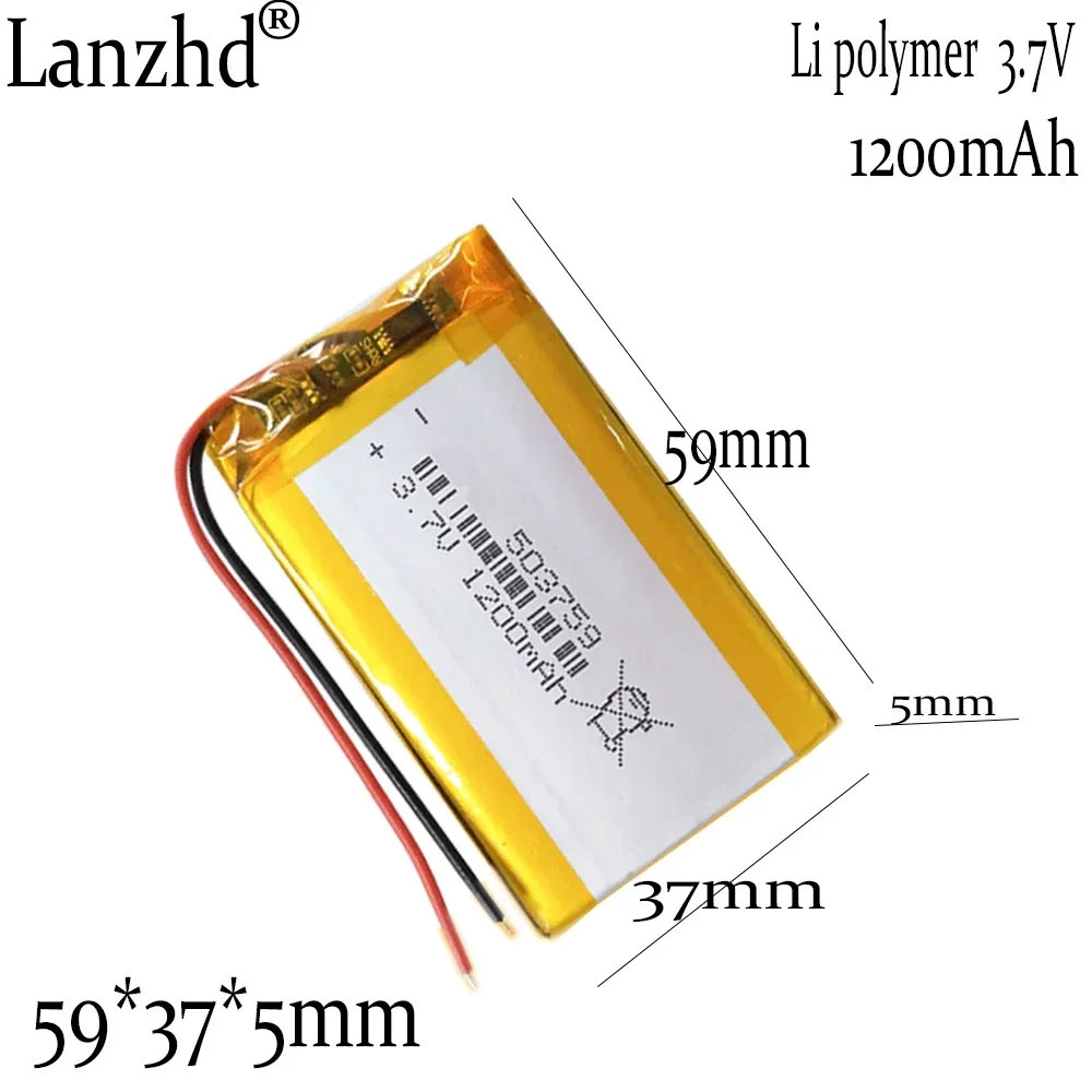 Batteries au lithium rechargeables pour enregistreur, lumière LED, DVD, haut-parleurs Bluetooth, 3.7V, articulation polymère, 1200mAh, 59x37x5mm, 1-12 pièces