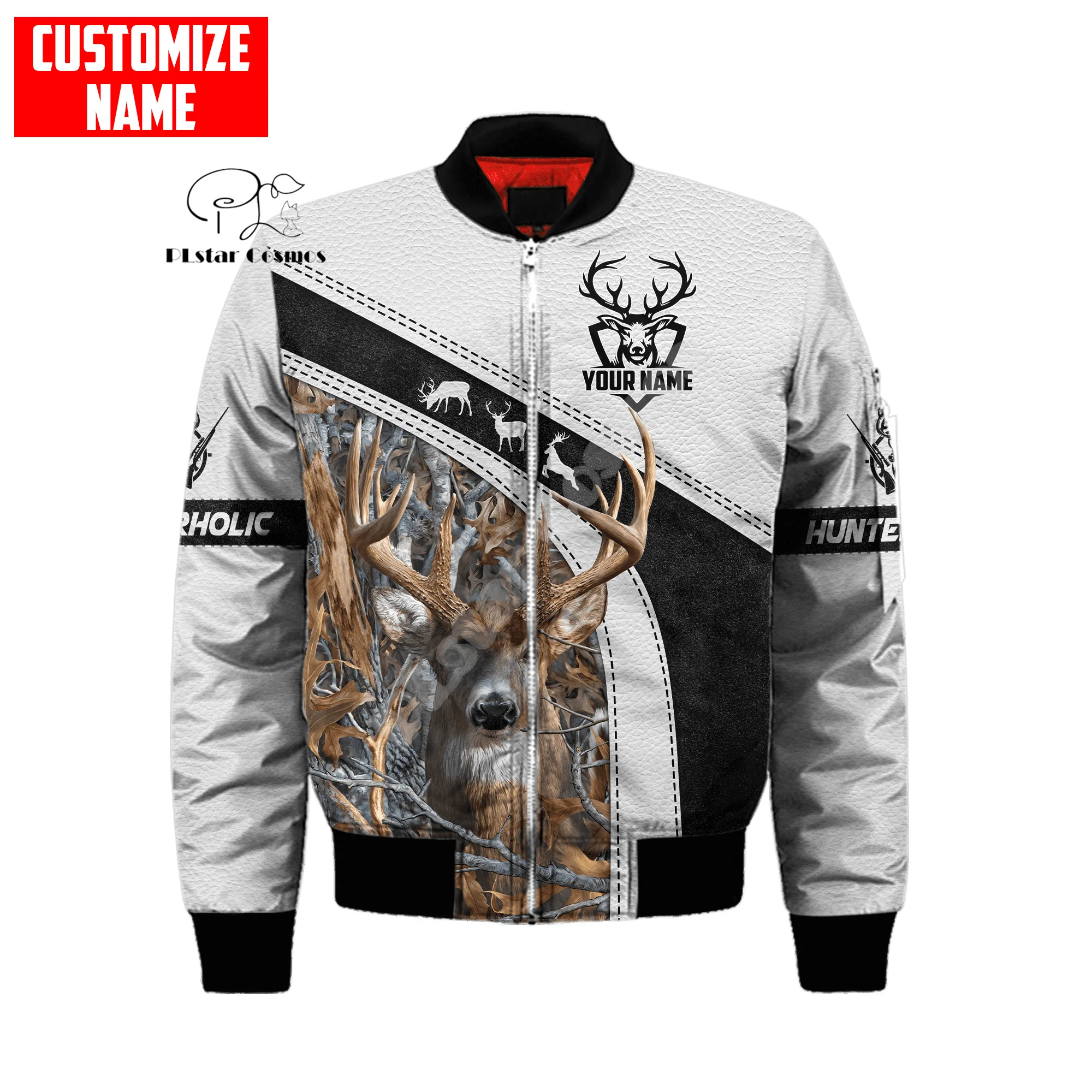 

Custom Name Deer Hunting Camo Hunter Graffiti Tattoo Vintage Winter Warm Overcoat Streetwear 3DPrint Windbreaker Bomber Jacket B