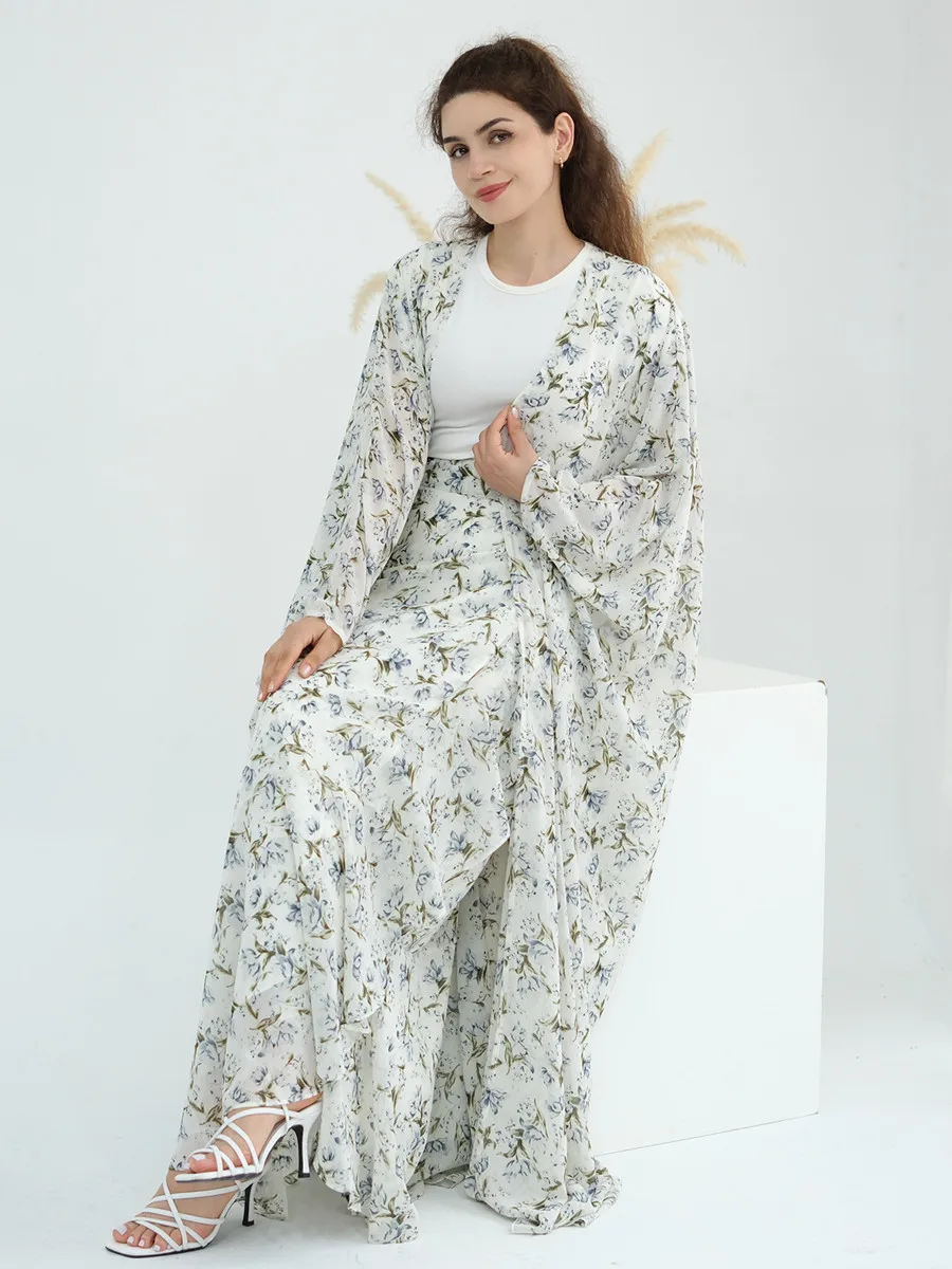 

Muslim Women Dubai Abaya Dress Chiffon floral print Kimono Cardigan and Skirt Two-piece set Kaftan Robe Femme Islam Clothing Set