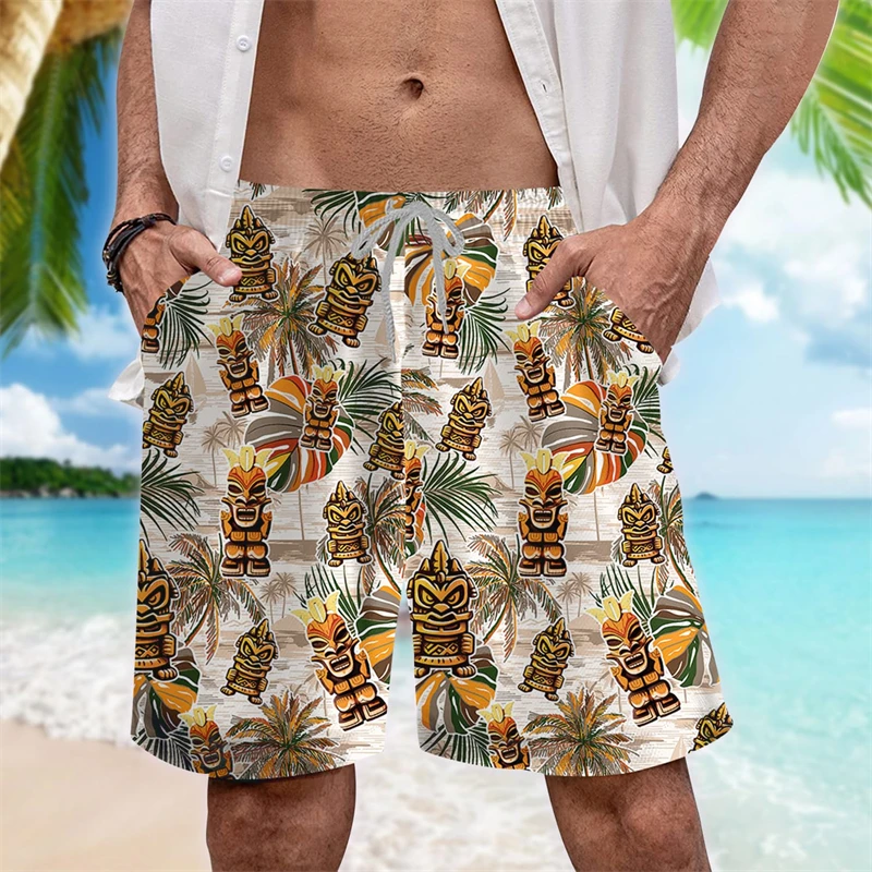 

Винтажные пляжные шорты с рисунком маски Тики для мужчин, модные гавайские шорты с 3D принтом для летних каникул, повседневные свободные плавки