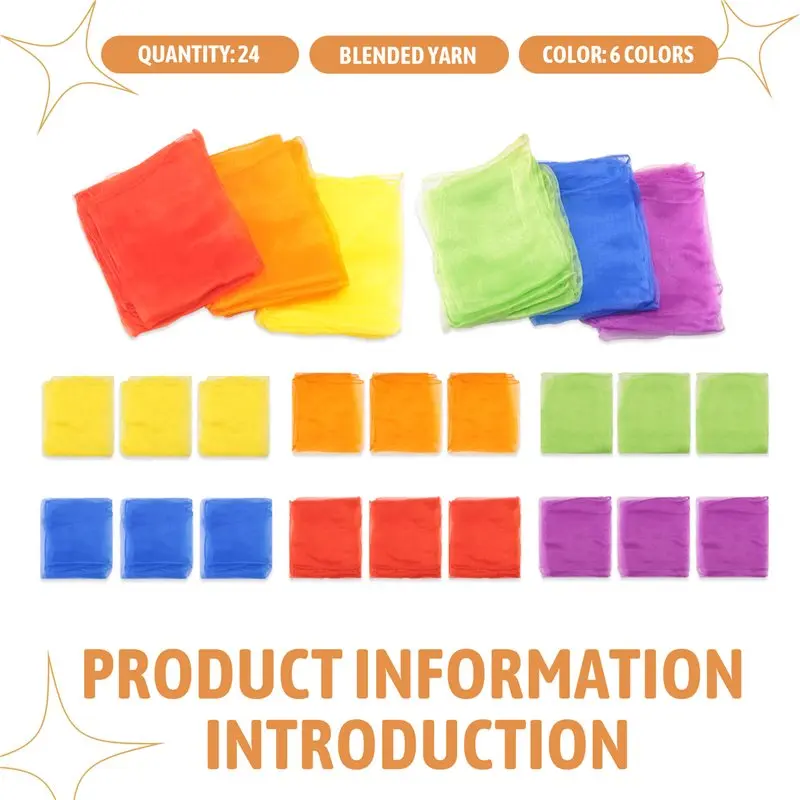 CYGJ-24 Stuks Kids Jongleren Sjaals Dans Muziek Sjaals Kleurrijke Sjaals Beweging Sjaals Ritme Sjaals Voor Kinderen Beweging