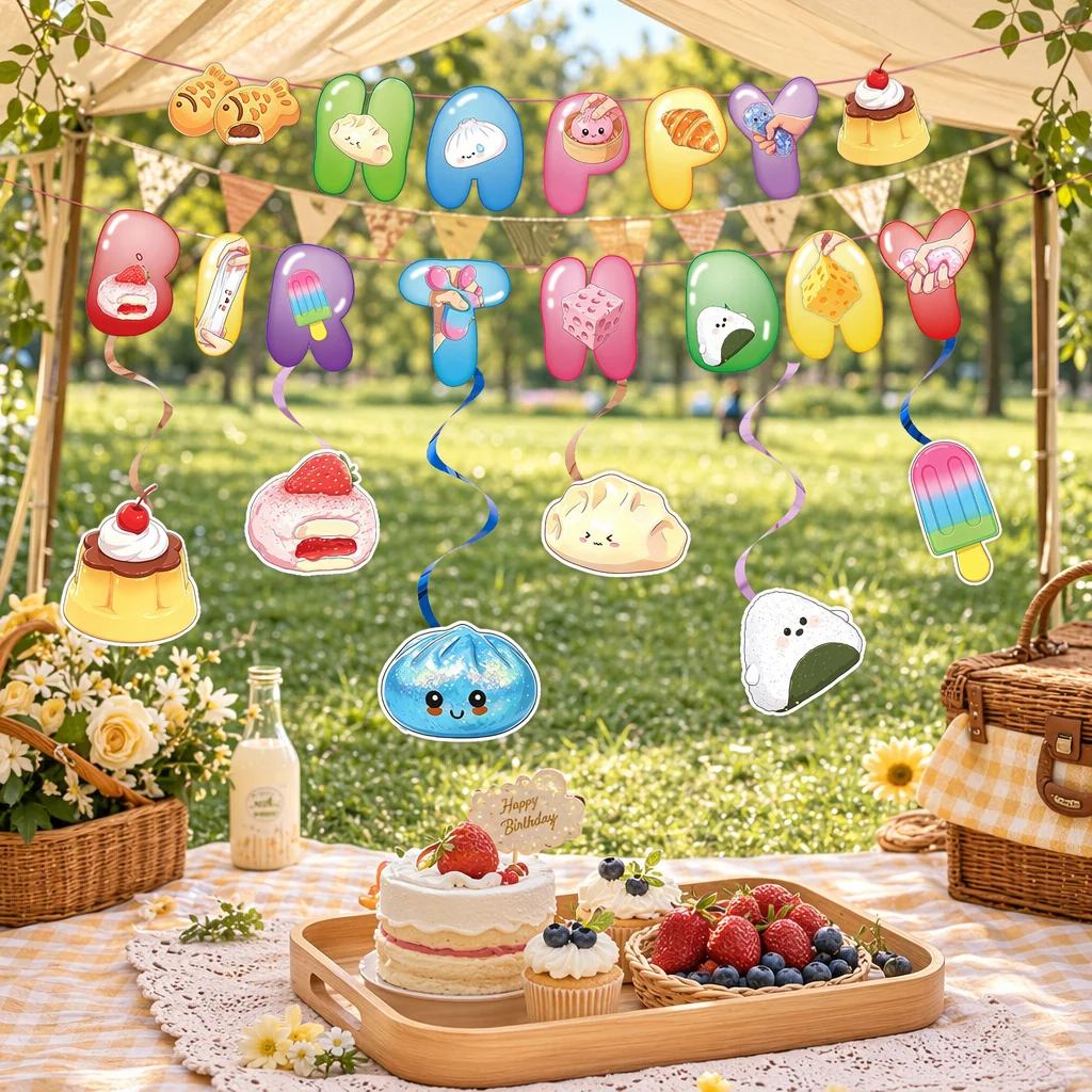 Lindos banners de cumpleaños con dibujos animados de comida asiática, con rollos de dumplings y postres dulces colgados con decoraciones en espiral, con una imagen de una persona.