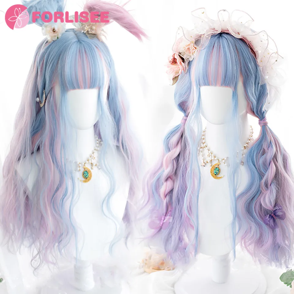 FOR Long Wavy Curly Synthetic Colorful Lolita Cosplay Harajuku Wigs for Women Natural Wave Pink Purple Blue Wigs with Bangs