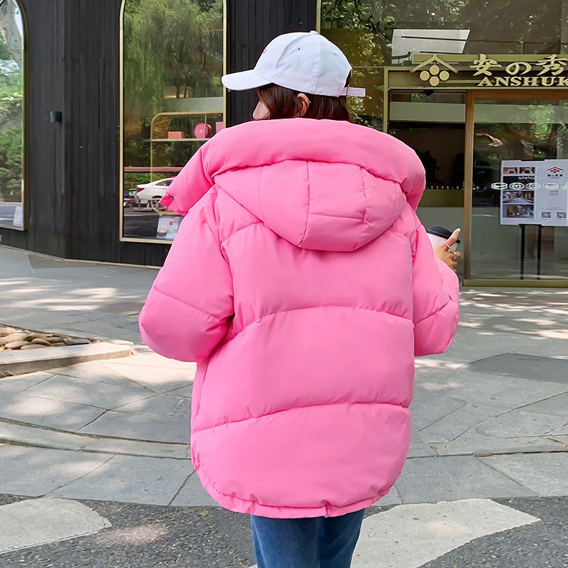 Abrigo de algodón holgado con cremallera para mujer, Parka de Color sólido con cuello levantado, Chaqueta con botones y bolsillo grande, Otoño e