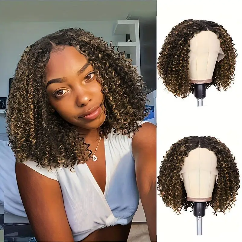 

Synthetic Wig Short Afro Kinky Curly Wigs With Bangs For Black Women Synthetic Ombre Natural Heat Resistant Hair Brown Cosplay