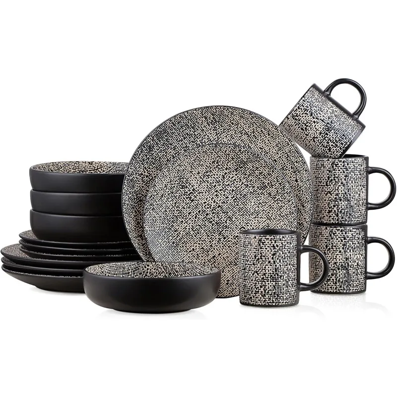 Sophie Rustic Stoneware Dinnerware Service for 4, Textured, Plates and Bowl Set, 16 Pieces