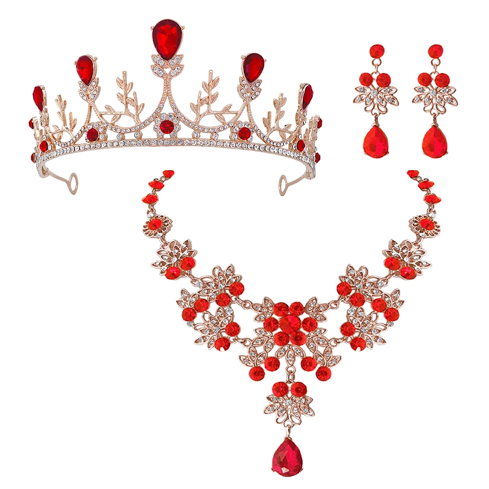 

Rhinestone Crown Necklace Earring Women Wedding Bridesmaid Red Party Prom Bridal Jewelry Gift Idea Shiny Durable