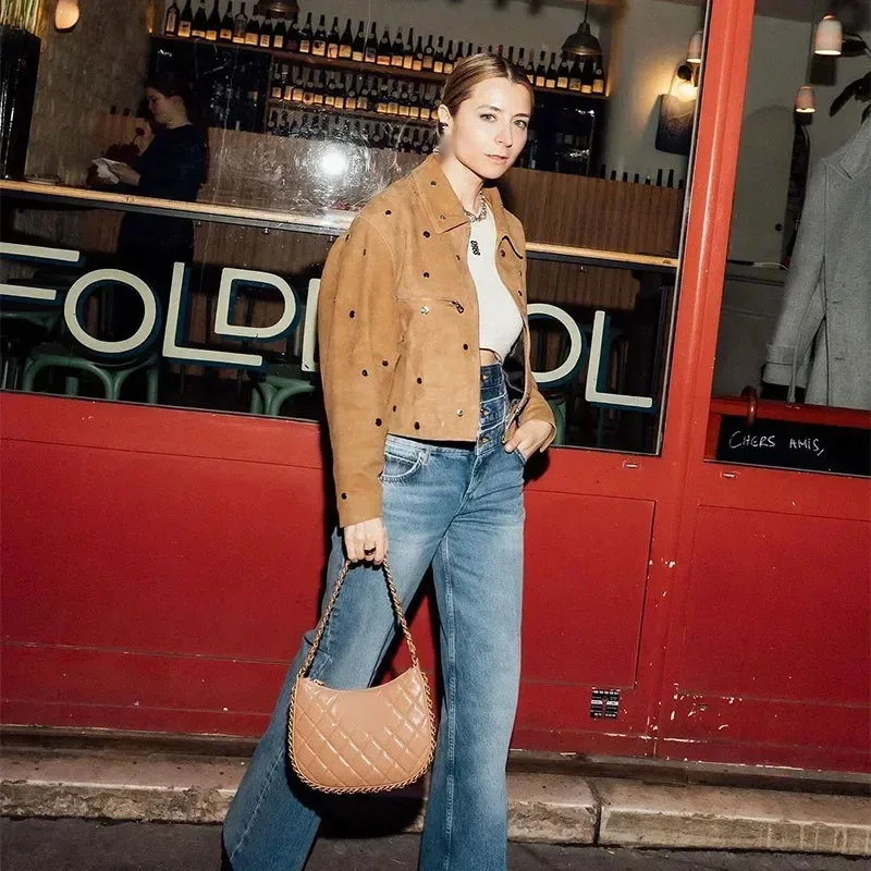 Luxury Jacket Studs Vintage Bomber Jacket Women's Cropped Top Long Sleeve Zipper Coat Design Outerwear Varsity Jacket Lapel New