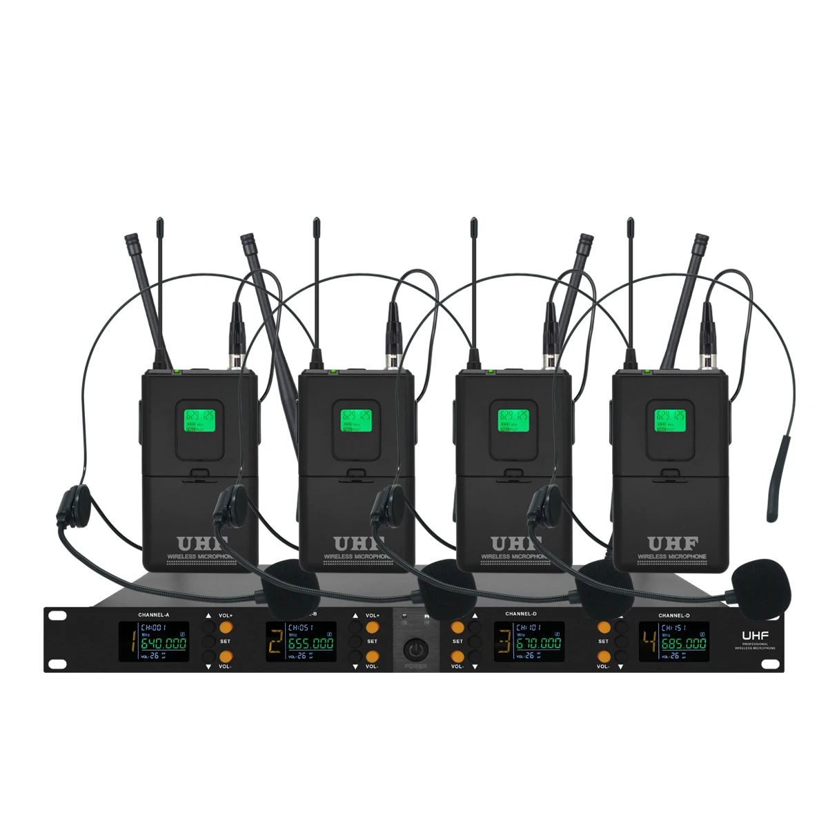 Microfono wireless UHF professionale Microfono per cuffie lavalier portatile a 4 canali adatto per karaoke, lezioni scolastiche in chiesa