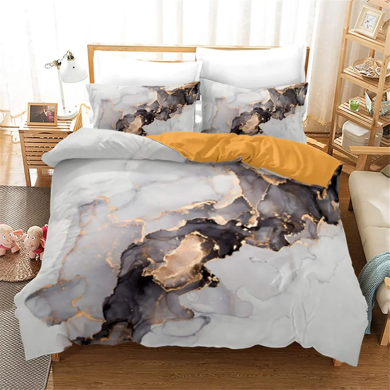 Black and Grey Marble Duvet Cover Set,Modern Gray Gold Abstract Art Tie Dye Comforter Cover Gothic White Gold Marble Quilt Cover