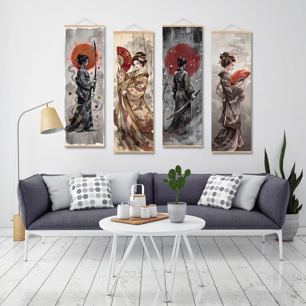 Japanese Samurai Sakuran Ukiyoe Scroll Painting Canvas Print Wall Art Poster Geisha Pictures Aesthetic Living Room Office Decor