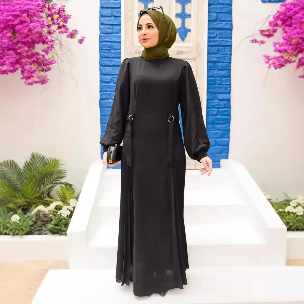 ชุดเดรสหรูหราสไตล์อาหรับสีดำแบบเรียบง่ายสำหรับผู้หญิงมุสลิม คาฟตันโมร็อกโก อีด รอมฎอน อบายะ อิสลาม สง่างาม ประจำปี 2024