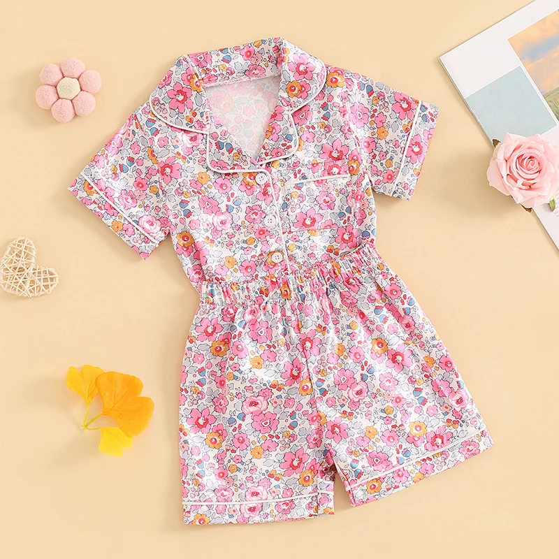 Toddler Girl Floral Pajamas Set Short Sleeve Button Down Shirt And Shorts 2Pcs Kids Pjs Loungewear Pink White Little Rose