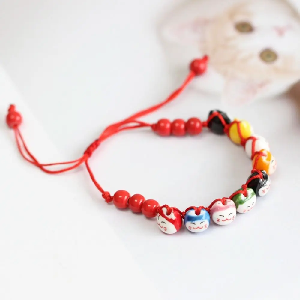 Colorful Handmade Ceramic Maneki Neko Bracelet Lucky Cat Polymer Clay Bead Bracelet Chinese Style Jewelry Accessories