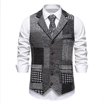 Green Men Vest Tweed Plaid Waistcoat Slim Fit Lapel Plaid Suit Vest Herringbone Vintage Vest For Wedding Groomsmen 3