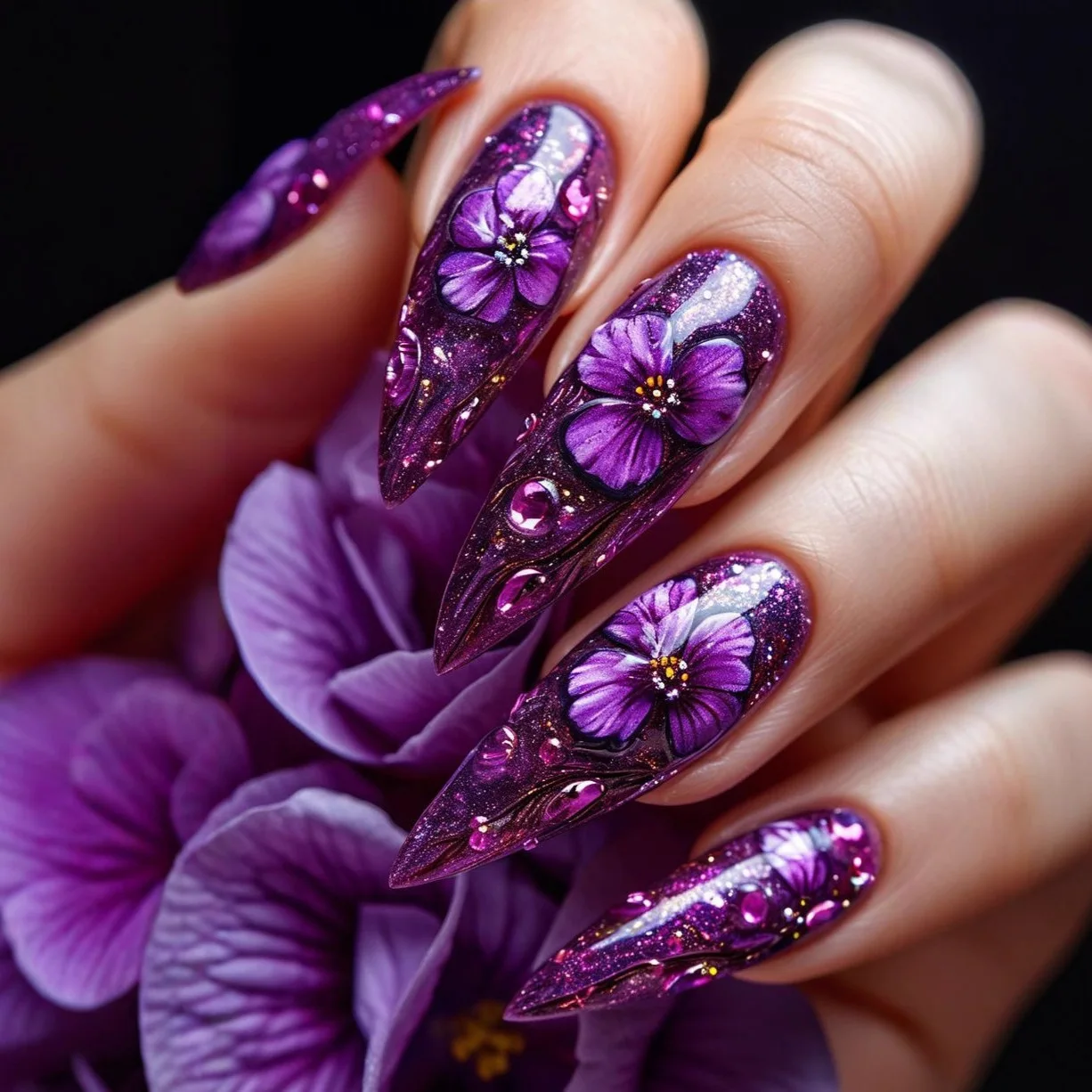 

24PCS 3D Relief Sculpture False Nails Purple Rose Sweet Flowers Pattern Press on Nails for Girls with Glue Wearable Fake Nail