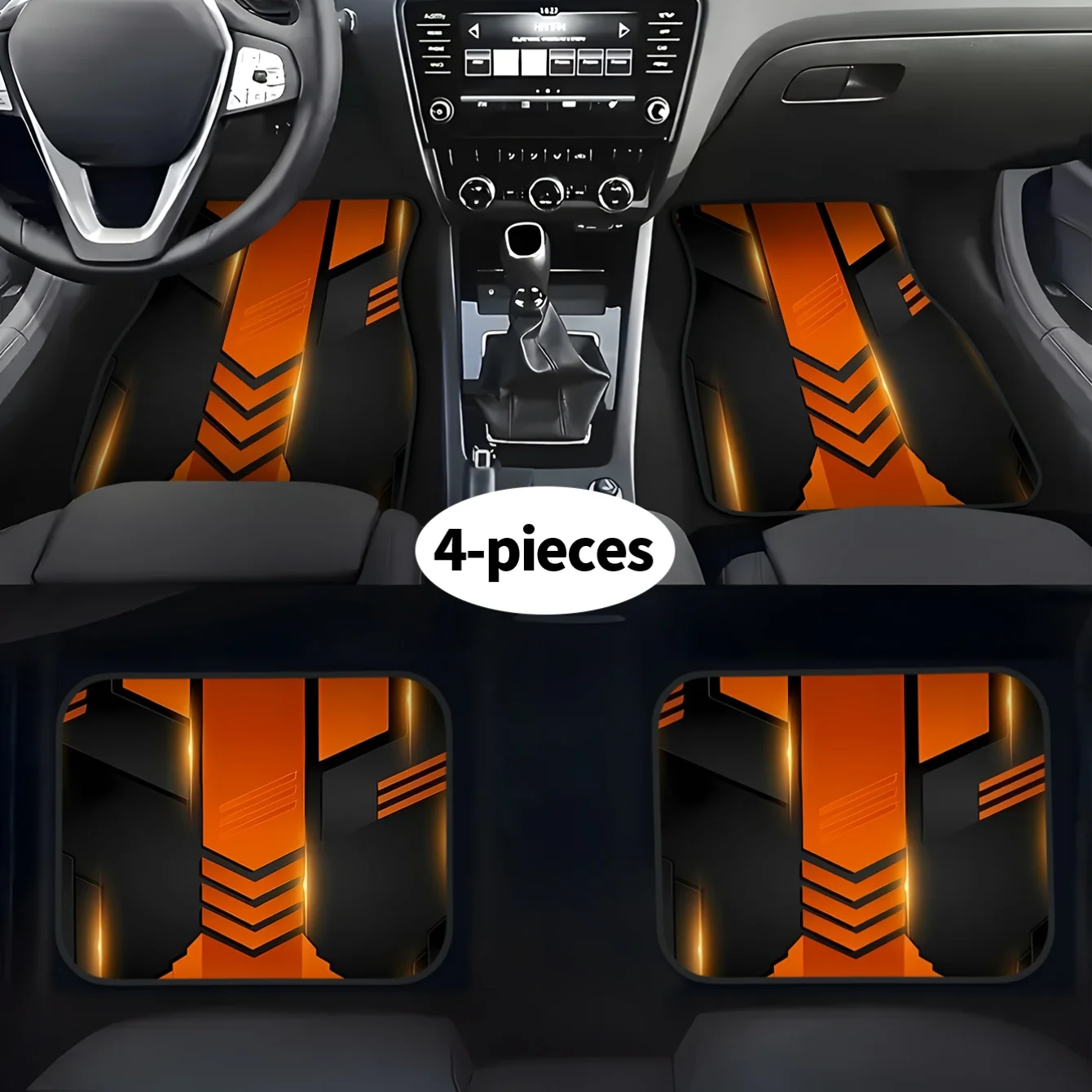 Set Of 4 Two-Dimensional Geometric Car Floor Mats In Orange And Black Design | Easy To Clean, Made Of Polyester Fiber, Perfect F