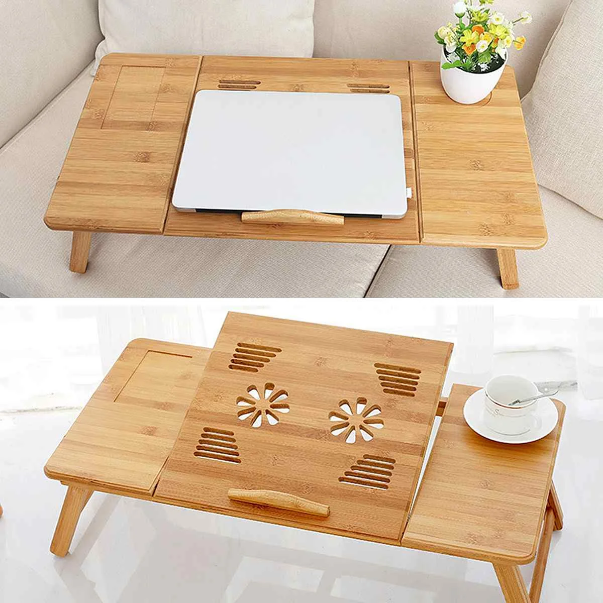 

2 Types Portable Folding Laptop Holder Stand Wooden Computer Stand Non-slip Laptop Desk for Bed Sofa Adjustable Serving Table