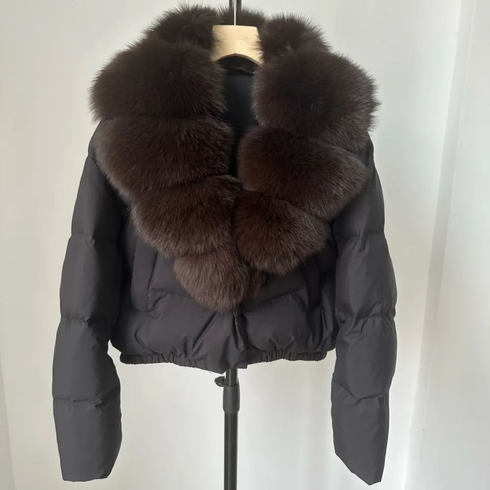 Jaket Parka Pendek CXFS Musim Dingin Baru, Bulu Rubah Alami Tebal dan Lembut, Mantel Puffer Wanita Kancing Hangat Isi Bulu Angsa Putih 90%, Tahan Air