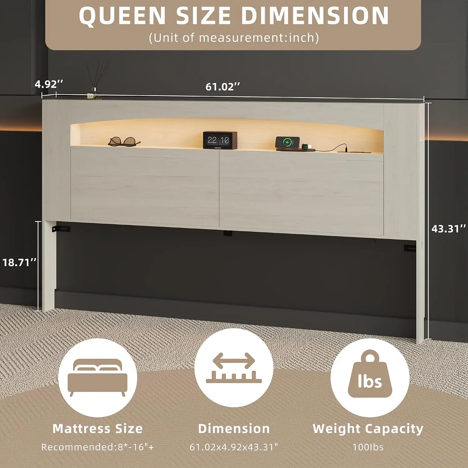 Wooden Headboard with RGB LED, USB & Power Outlet Charging Station, Moon Storage Compartment, Wall Mount, Customized