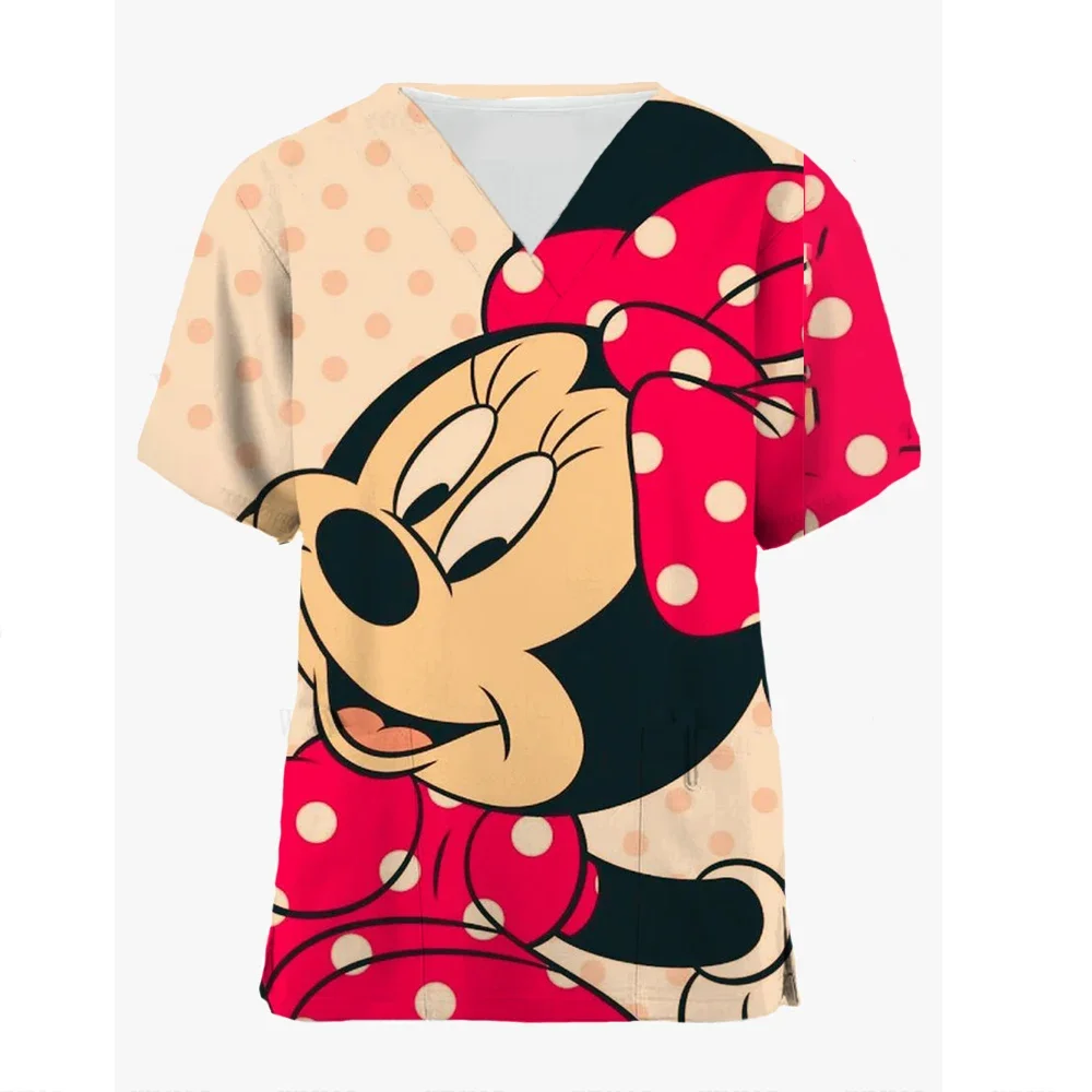 

Minnie Mouse T-shirts V Neck Nurse Uniform T-shirt Mickey Top Women 2024 Pocket Woman Clothes Hospital Summer Tops Disney Tees