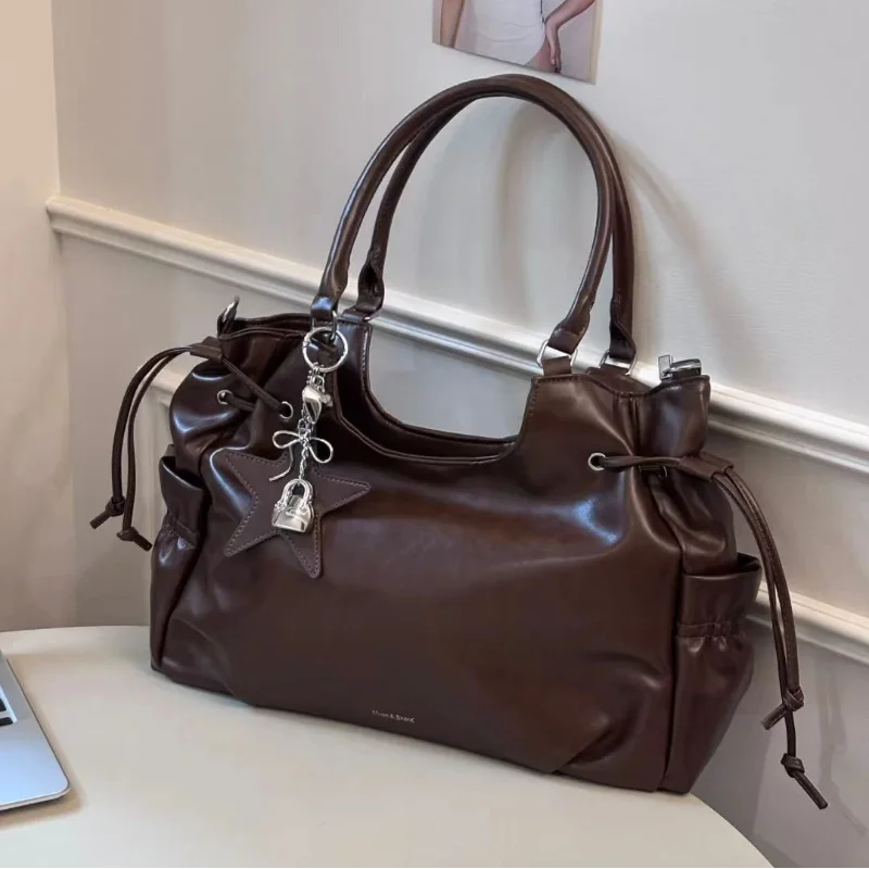 

Women's Korean Style Leather Tote Bag Large Capacity Shoulder Crossbody Bag Soft Pleated Handbag Purse With Charm Gift