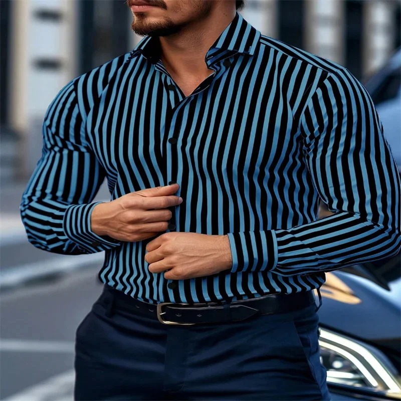 Business men's shirt, solid color, striped print pattern, long sleeves, lapel buttons, casual street party, comfortable and soft