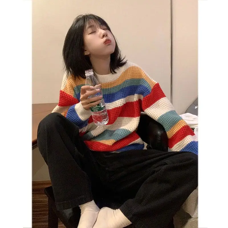 

2023 New Arrival Autumn Women Loose Casual O-neck Long Sleeve Pullover Korean Style Fashion Striped Knitted Sweater D404