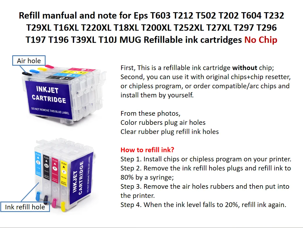 T1811-T1814 Without Chip for Epson XP-30 102 202 205 302 305 402 405 405WH 212 215 312 315 412 415 225 Refillable Ink Cartridge