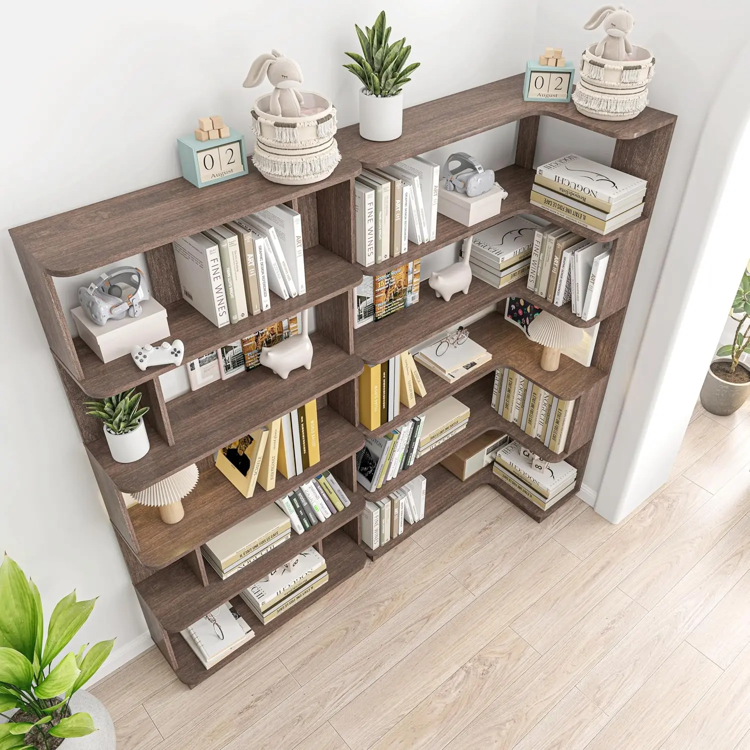 5 Tier Corner Bookshelf Set of 2, 36x22+32 Inch L&I Shaped Storage Shelf, Dark Brown, Customized