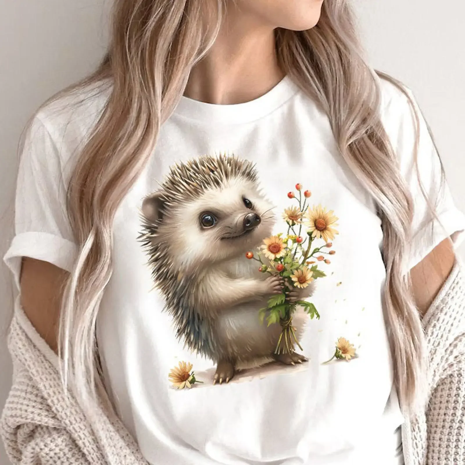 Hedgehog T Shirt Floral Bouquet  vintage Washed Unisex graphic Top For Everyday Wear Soft Stylish streetwear Stretched