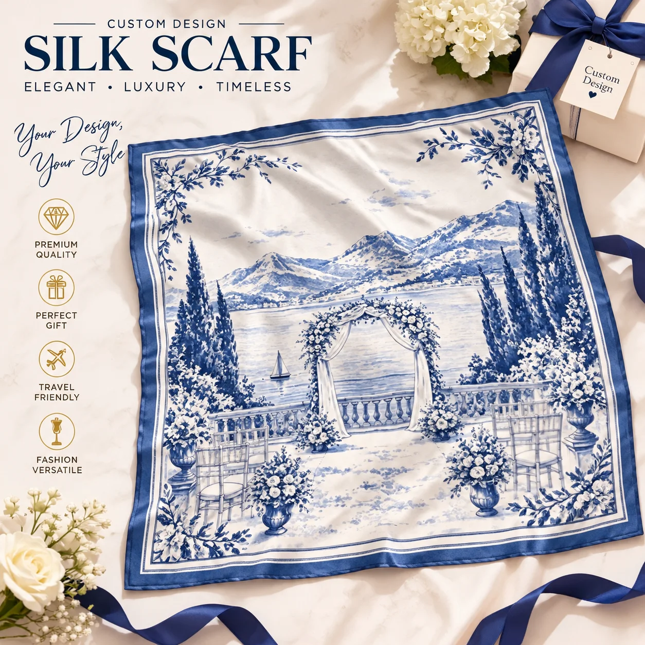 Custom Wedding Silk Scarf Blue White Toile Print Lakeside Bridal Floral Neck Hair Wrap Personalized Bride Bridesmaid Accessories