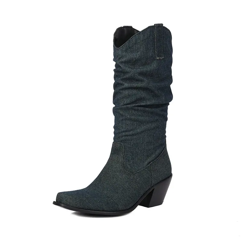 Bottes de cowboy western plissées pour femmes, jeans en denim bleu, gros talons hauts, mi-mollet, bottes d'hiver chaudes, chaussures gothiques, grande taille 46, 47, 48