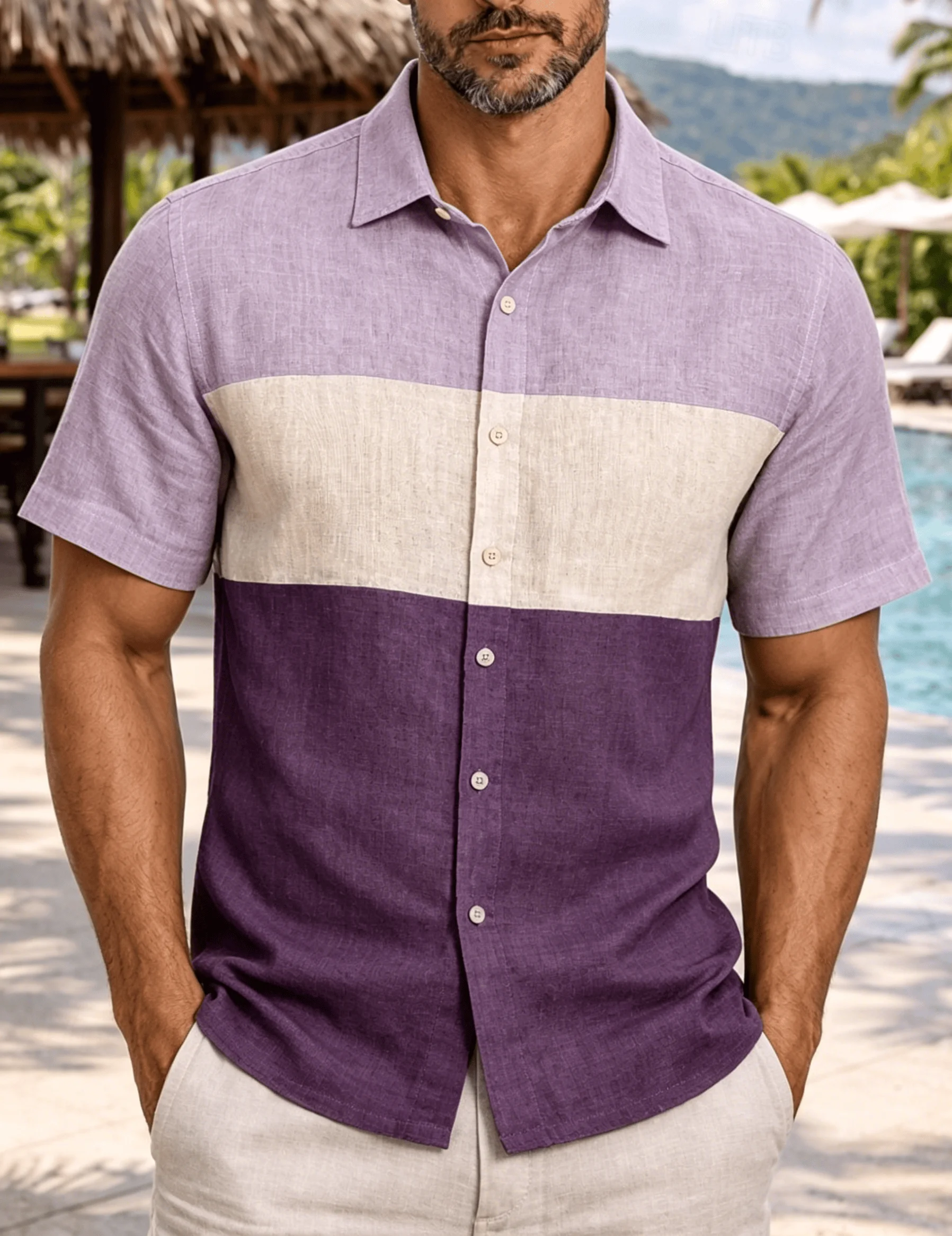 New Popular Men's Earthy Horizontal Striped Shirt, Summer Casual Color Block, Men's Beach Vacation Casual Wear