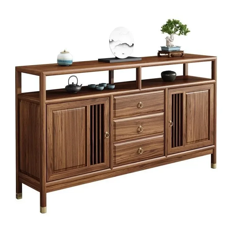 

New Chinese dining side, entrance cabinet, wine and tea cabinet, Zen solid wood, elm storage, black walnut color