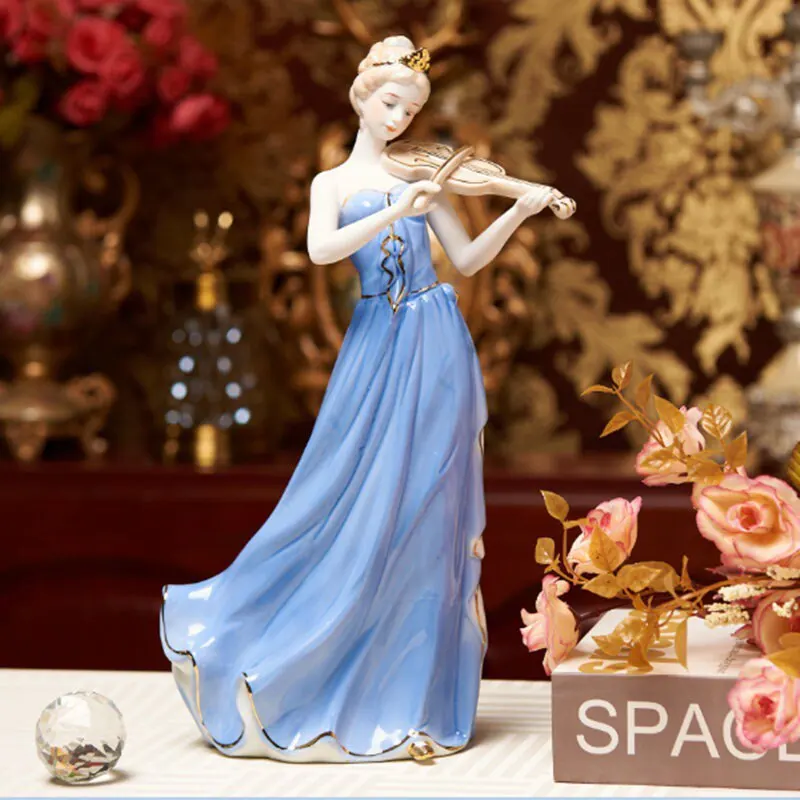 Vintage European Violin Lady Porcelain Figurine Victorian Beauty Ceramic Statue Home Living Room Ornament Wedding Decoration