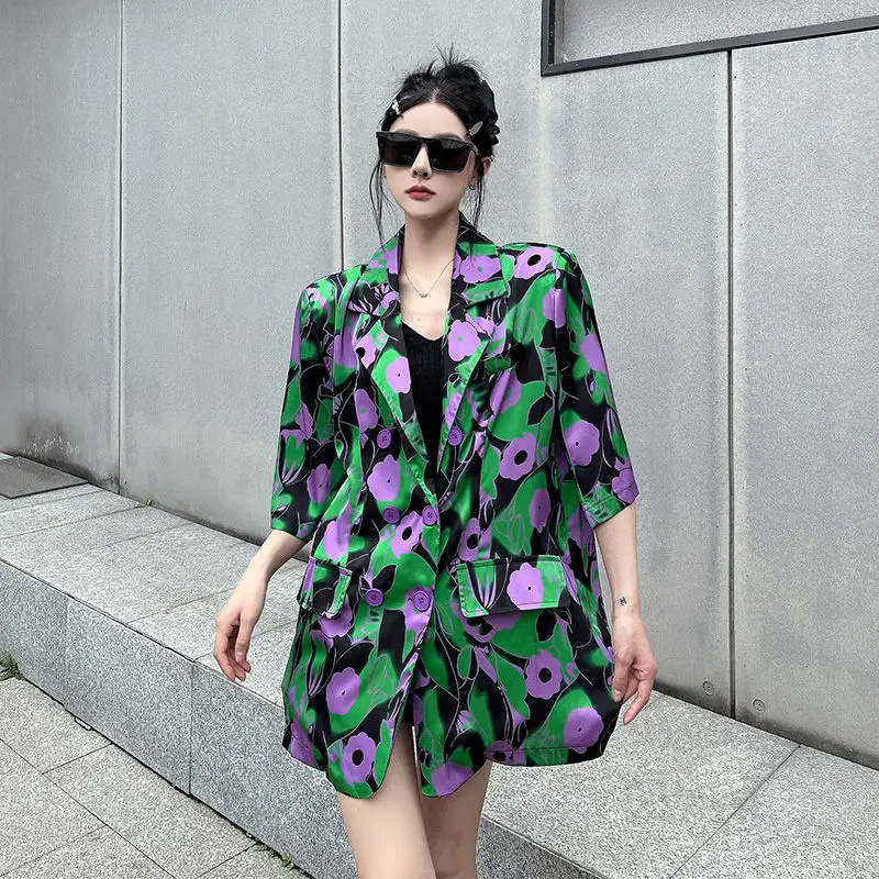 

Shirt Suit Jacket Purple Large Flower Contrast Color Niche Design Women'S Summer Thin Style Loose Korean Style Mid-Length Suit