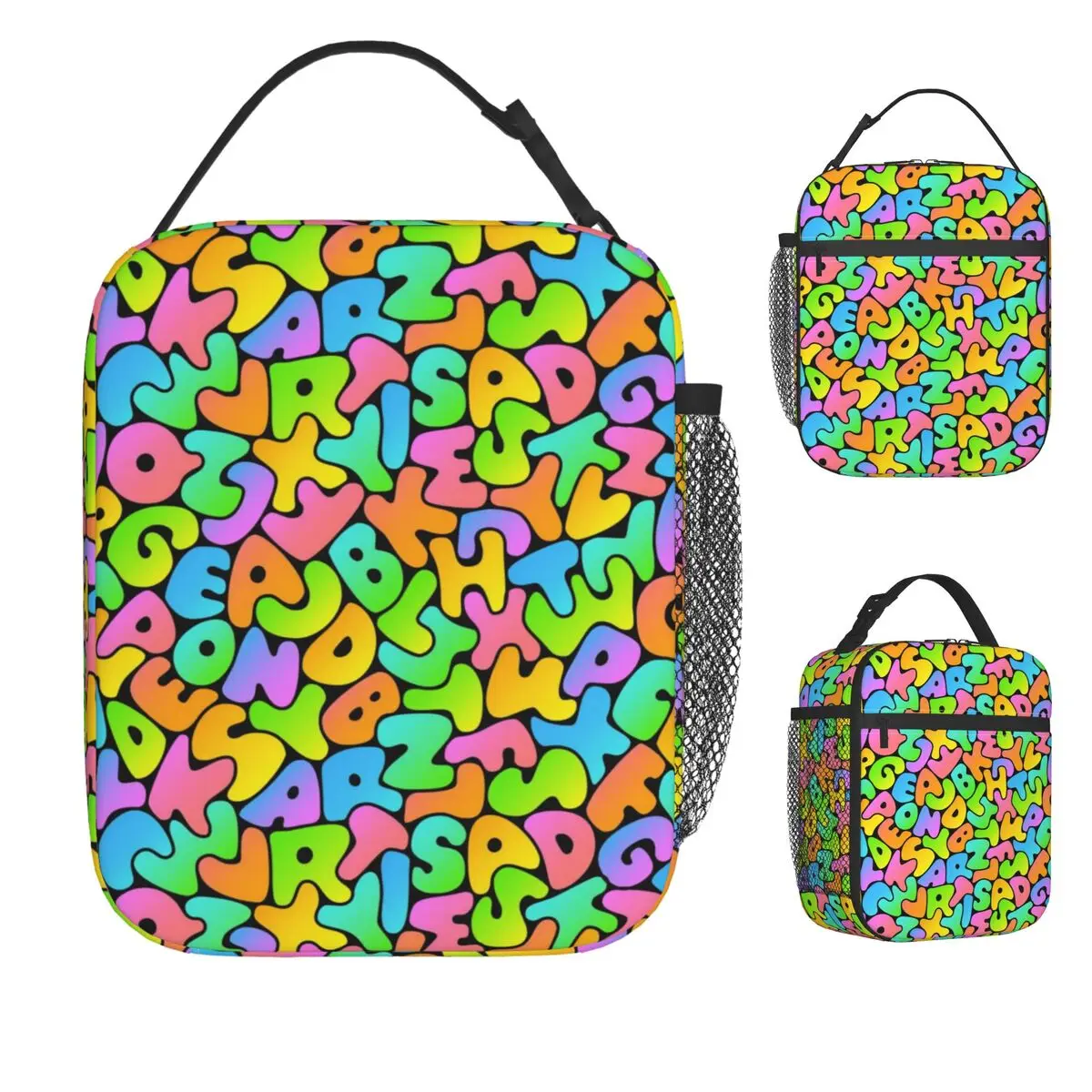 Hand Drawn Seamless Cartoon Alphabet Lunch Bag Outdoor Picnic Lunch Box For Child Designer Tote Food Bags Oxford Cooler Bag