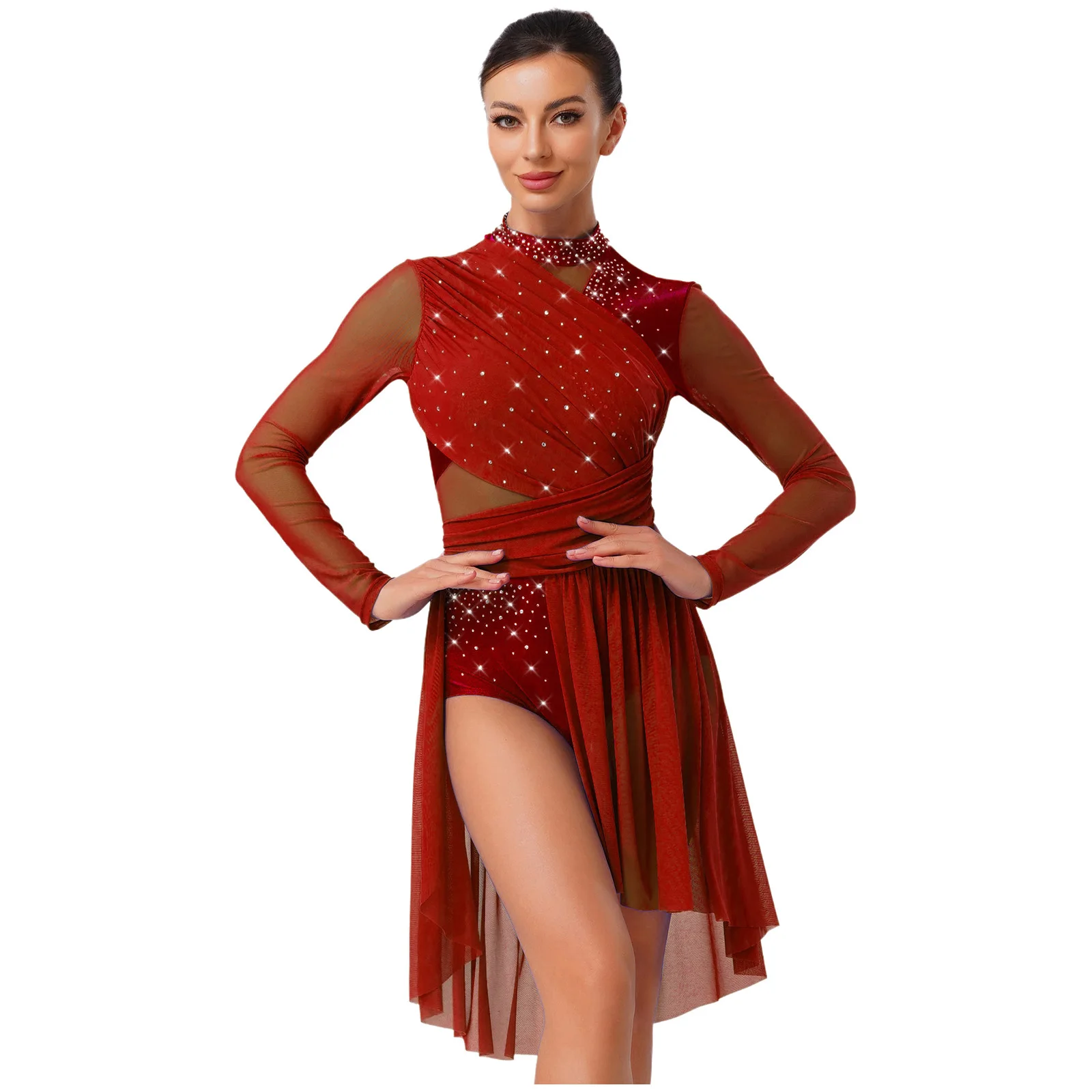 

Womens Lyrical Dance Glittery Rhinestone Dress Long Sleeve Ruched Backless Ballet Leotard Dress Contemporary Dance Costumes