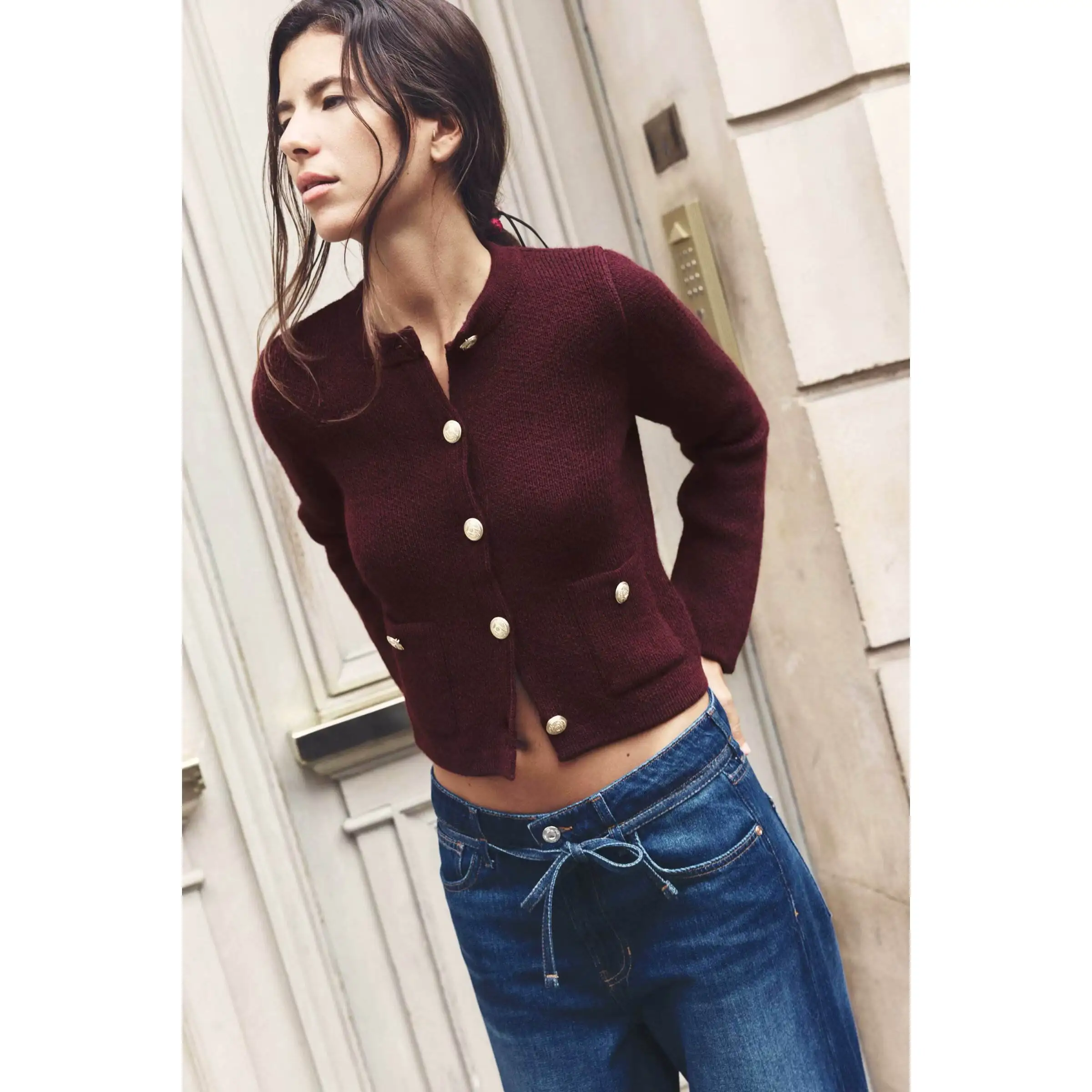 Faionable Bottone dorato lavorato a maglia Jaet Simple Sle ZR Trend Capispalla da donna Lungo Sve Cardigan caldo Fibra di poliestere