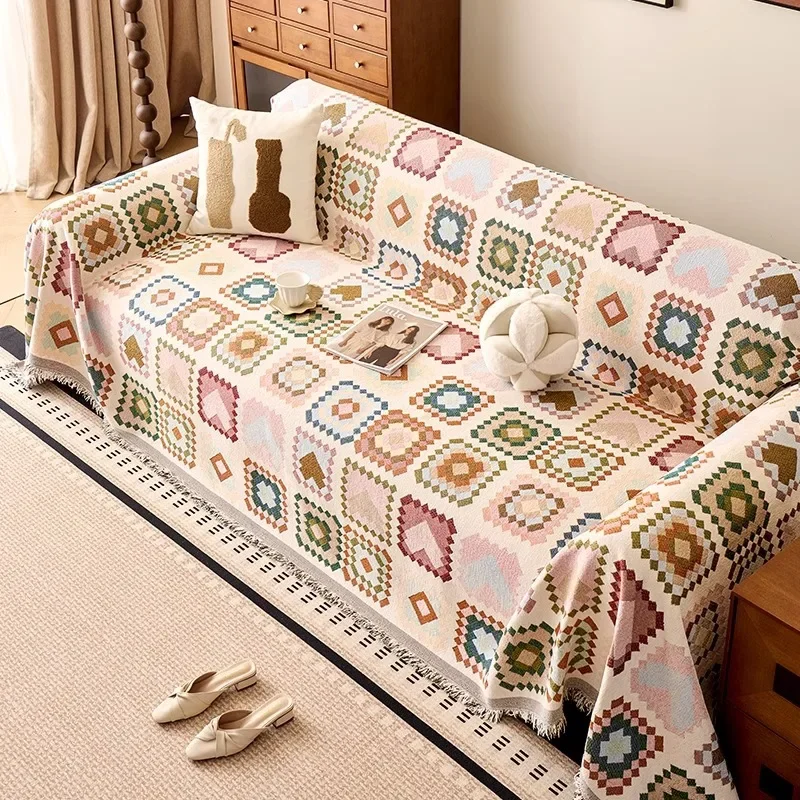 Vintage Luxury Chenille Sofa Cover Towel Wavy Stripe Herringbone Jacquard Tassel Edge All Season Anti-Scratch Sofa Throw Blanket