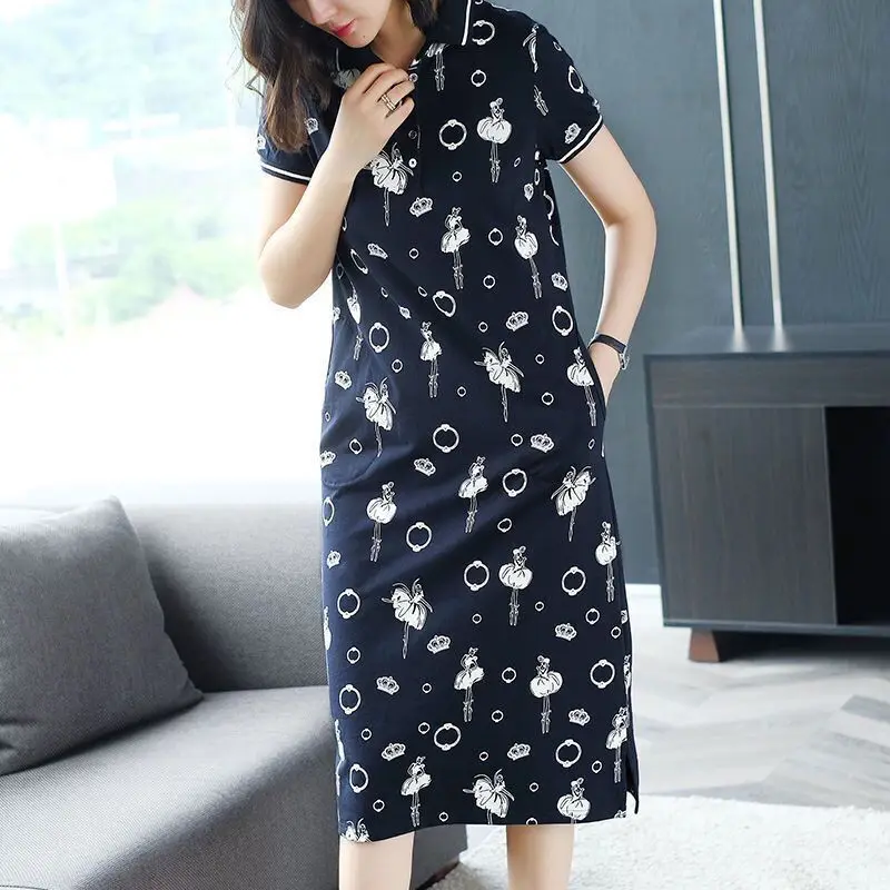 Fashion Lapel Button Pockets Printing Casual Dresses Women\'s Clothing 2024 Summer New Loose Short Sleeve Commuter Midi Dress