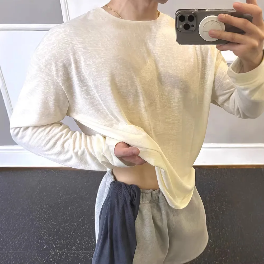 2026 New Spring Summer Linen Knit Sweater For Men Relaxed Fit Neck Long Sleeve T Shirt Lightweight Sheer Hollow Out Mesh Up Tops