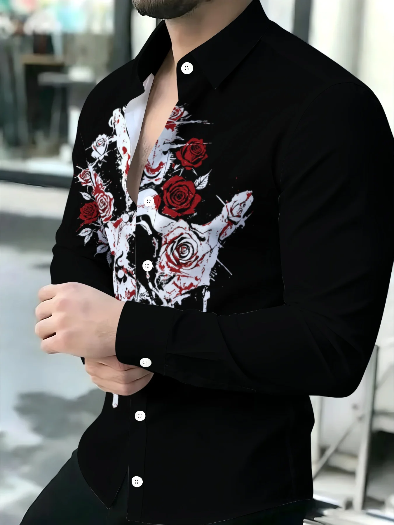 Men Long-Sleeve Button-Down Shirt Black Splash Ink Skull Red Rose Print Polyester Lapel Collar Halloween Party Top