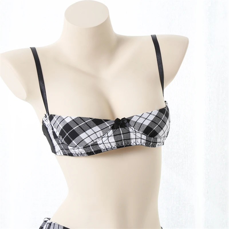 Preppy Jk Plaid Lingerie Set Low Cut Erotic Underwear Three-point Student Outfit Role Play Sweet Girl Cute Bra Set Women