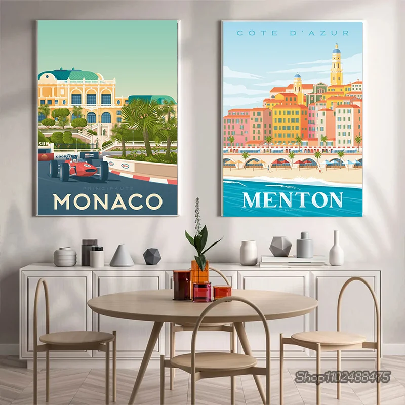 Colored Europe Travel City Landscape Canvas Painting France Nice Paris Monaco Nantes Poster Nordic Wall Art Pictures Home Decor view 4
