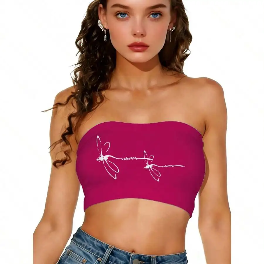 

Womens High Stretch Bandeau Top With Dragonfly Print Summer Strapless Crop Tank