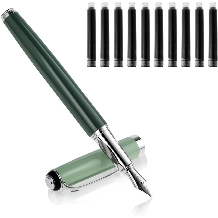 

Metal Fountain Pens with 10 Black Ink Cartridges 0.5mm Fine Nib Fountain Pen Smooth Writing Luxury Calligraphy Pen Office Schoo