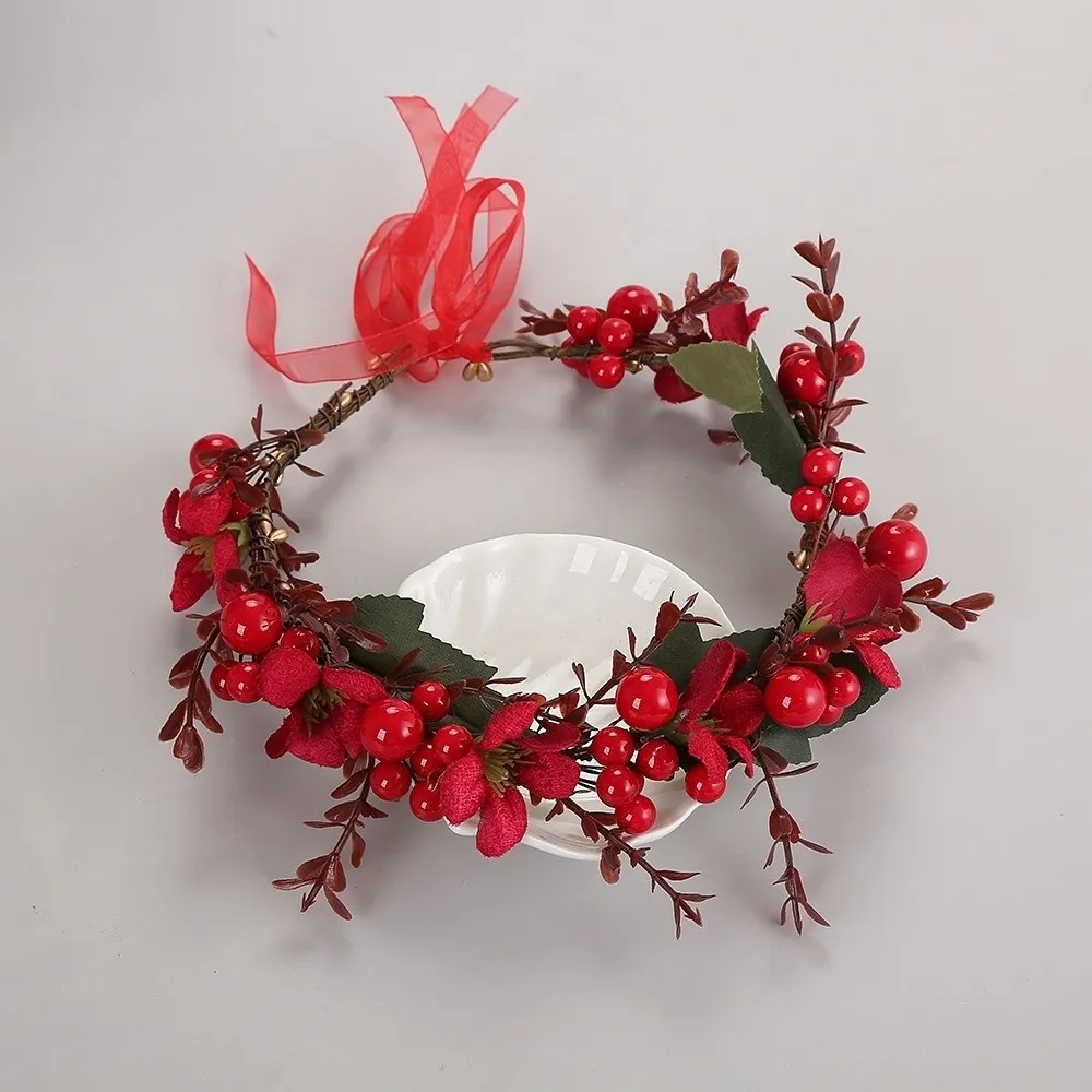 Shabby Chic Large Red Berry Garland Red Flower Green Leaf Flower Hairband Ribbon Wine Red Rose Ribbon Wreath Headband Bridesmaid