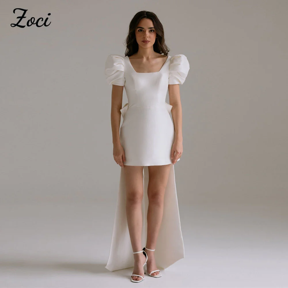 

Zoci Elegant Square Short Wedding Dresses Puff Sleeve Detachable Train Bride Dress Customized Backless Beach Satin Wedding Gown